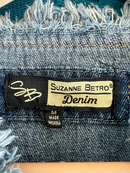 Suzanne Betro Y2K Denim Peplum Jacket Frayed Trim Button Front Medium - Picture 3 of 5